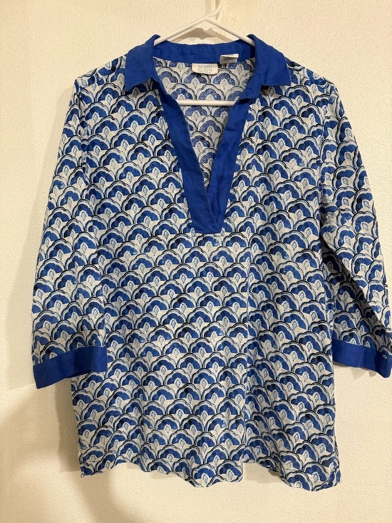 Sigrid Olsen Tops - Sigrid Olsen Blue Patterned Popover Tunic with Contrast Trim 70% linen